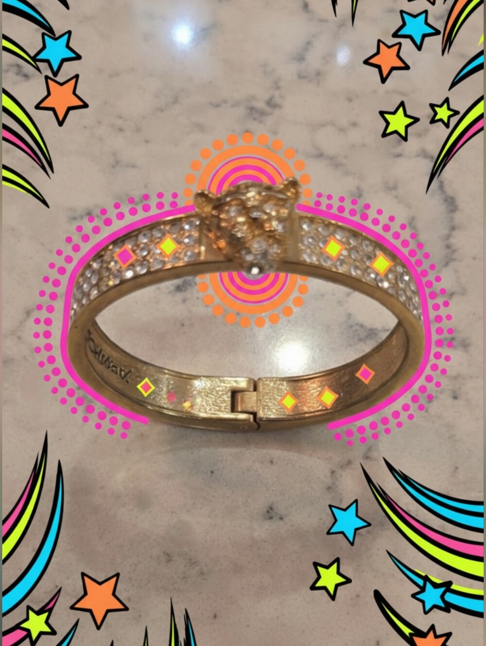 Vintage Betsey Johnson Gold Pave Crystal Leopard Hinged Bangle Bracelet
